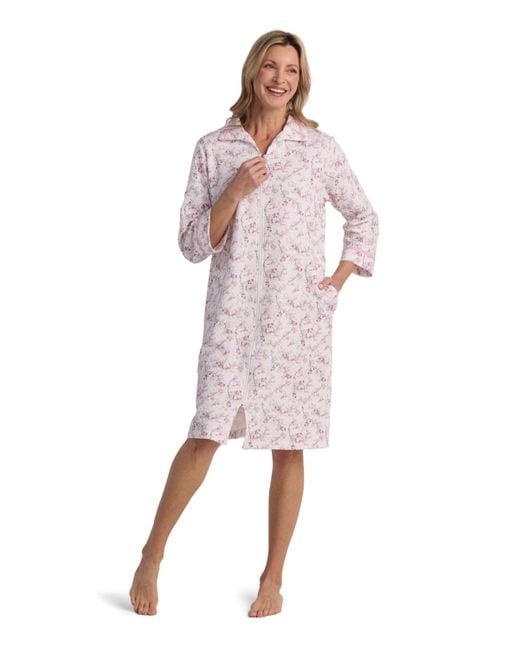 Miss Elaine Women's Pink Long Sleeve Printed Zip Robe