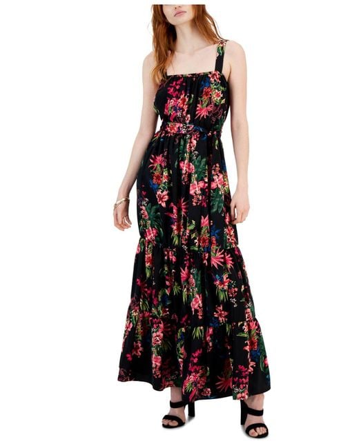 INC International Concepts Black Printed Tiered Tie-waist Maxi Dress, Created For Macy's