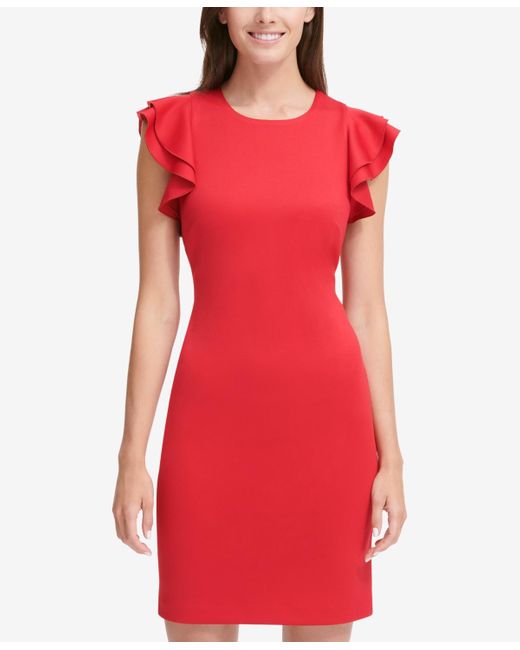 Tommy Hilfiger Red Scuba Sheath Dress With Flutter Sleeves