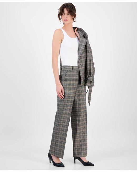 Anne Klein White Plaid Wide Leg Mid Rise Pants 0p 16
