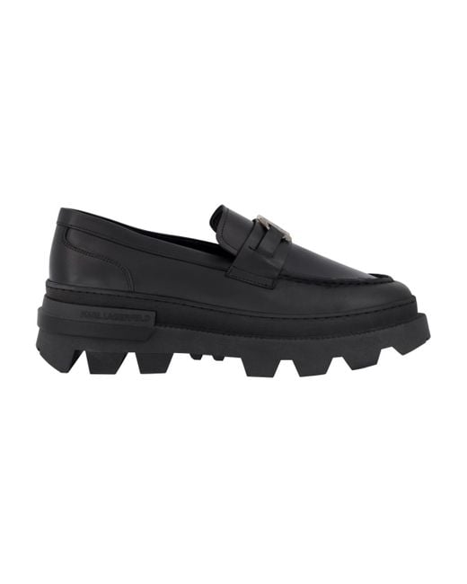 Karl Lagerfeld Black White Label Leather Lug Sole Loafers for men