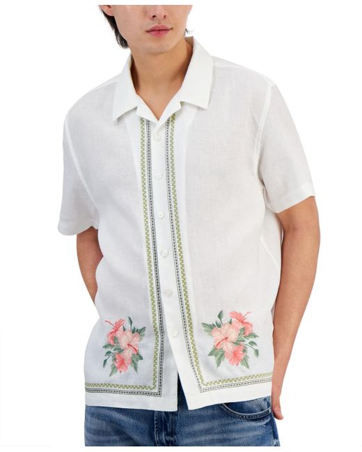 Guess White Linen Embroidered Floral Shirt for men