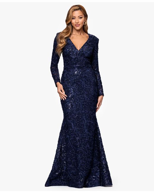 Xscape Petite Long Sleeve V-neck Lace Dress in Blue | Lyst