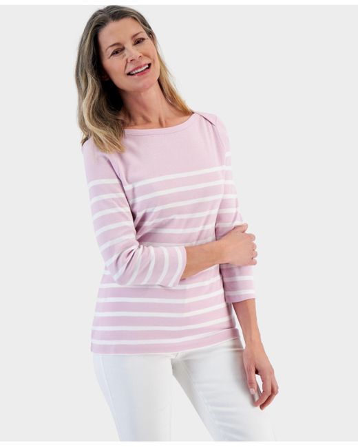 Style & Co. Pink Pima Cotton Striped 3/4-sleeve Top