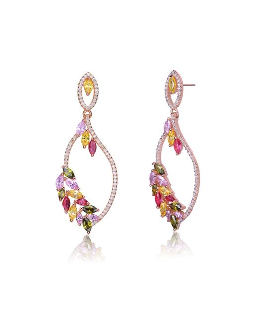 Genevive Jewelry White Rose Gold Plated Leaf Shaped Multicolor Cubic Zirconia Accent Dangle Earrings