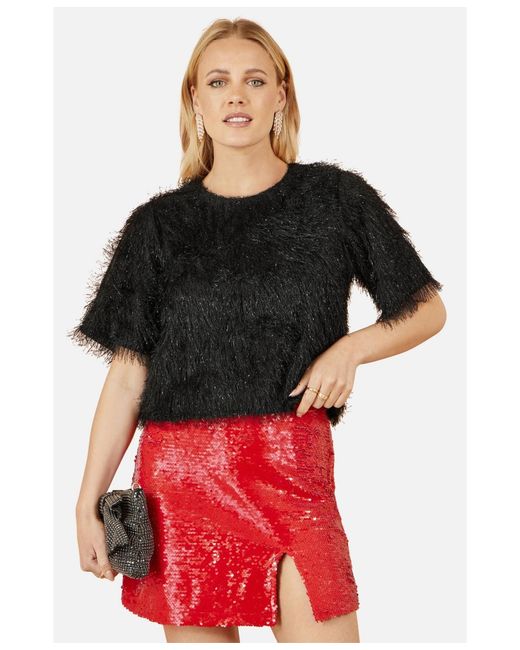 Yumi' Red Lurex Fringe Relaxed Fit Top
