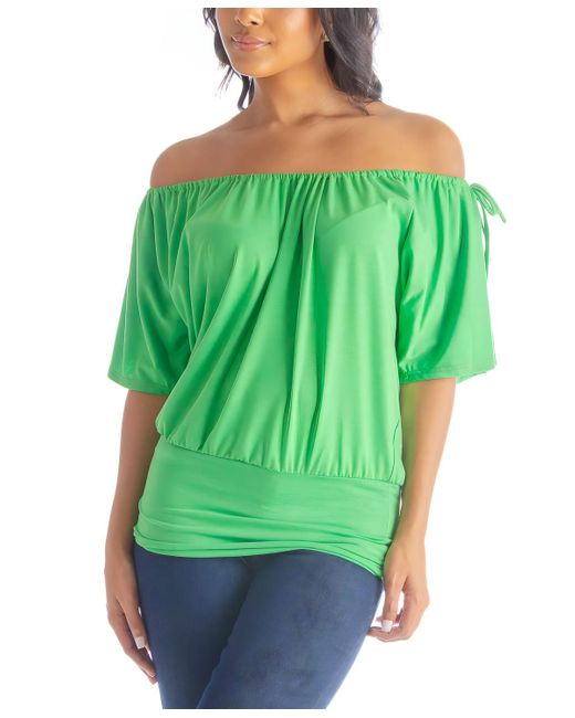 24seven Comfort Apparel Green Solid Color Short Sleeve Split Shoulder Top