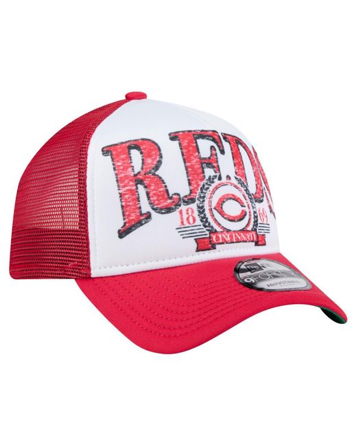 KTZ Pink White/red Cincinnati Reds Distressed 9forty A-frame Adjustable Trucker Hat for men