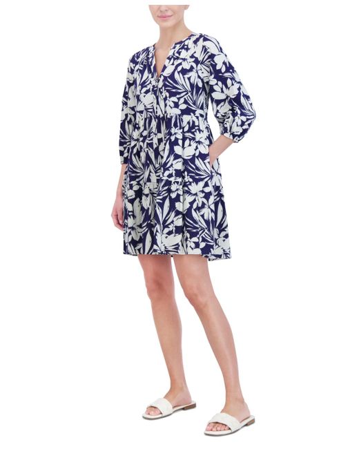 Jessica Howard Blue Petite Printed Button-front A-line Dress