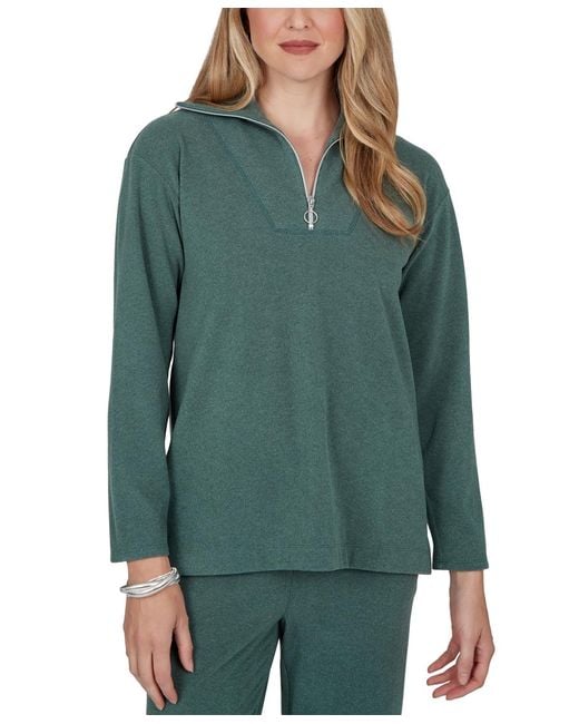 Ruby Rd Green Ribbed-knit Quarter-zip Long-sleeve Top