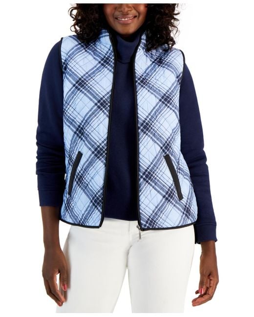 Karen Scott Plaid Sleeveless Puffer Vest in Blue Lyst