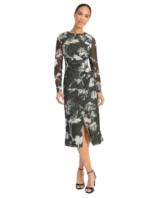 Maggy London White Long Sleeve Printed Midi Dress