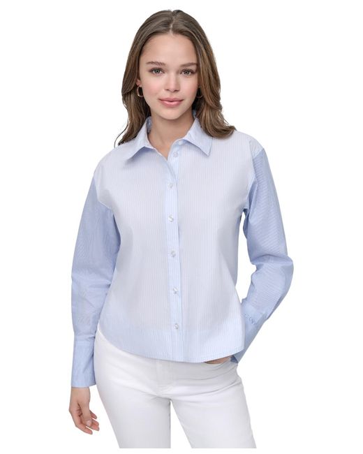 DKNY Blue Cropped Long-sleeve Button-front Shirt