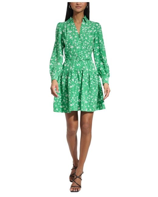 Karl Lagerfeld Green Long-sleeve Collared Long-sleeve Dress