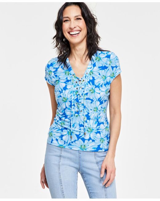 INC International Concepts Blue Printed Lace-up Front Top
