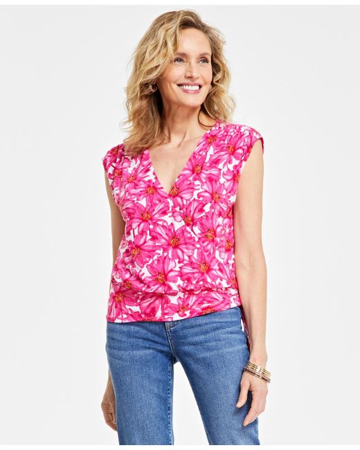 INC International Concepts Red Printed Surplice Top