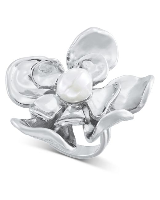 INC International Concepts White Silver-tone Imitation Pearl Flower Statement Ring