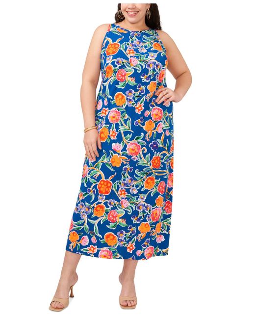 Vince Camuto Blue Plus Size Floral Back Keyhole Sleeveless Dress