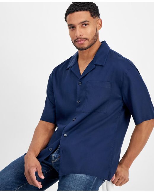 INC International Concepts Blue Erik Regular-fit Button-down Camp Shirt for men
