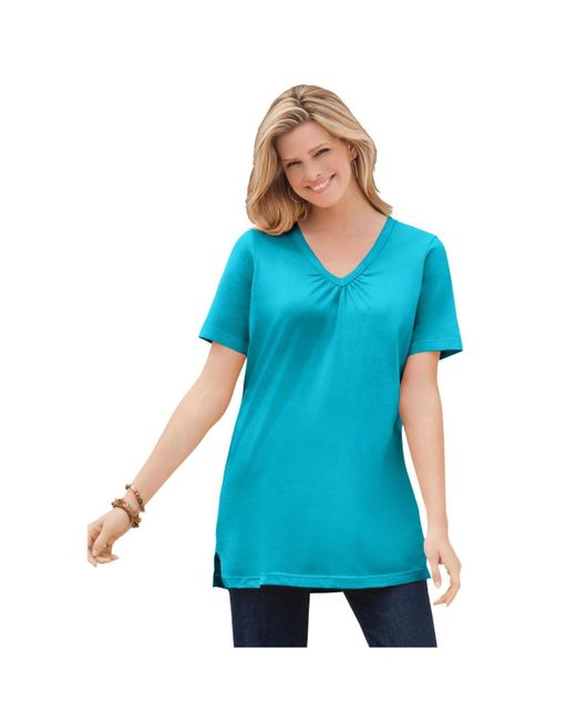 Woman Within Blue Plus Size Within Perfect Short-sleeve Shirred V-neck Tunic