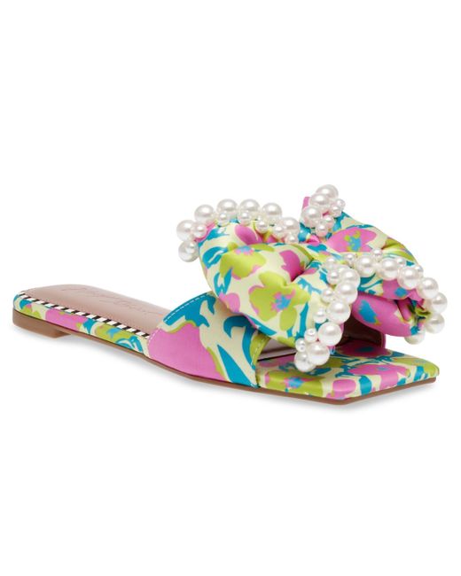 Betsey Johnson Blue Liah Pearl-embellished Bow Slide Sandals