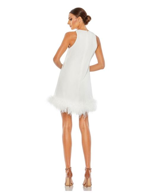 Mac Duggal White Feathered Hem High Neck Sleeveless A Line Dress