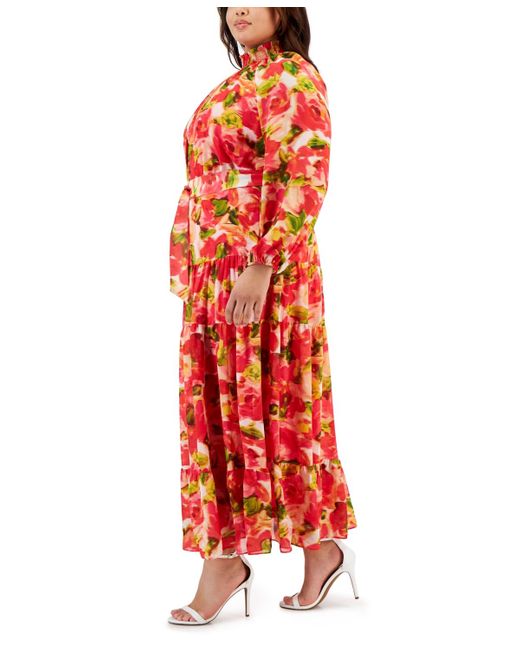 Taylor Red Plus Size Printed Belted Blouson-sleeve Maxi Dress