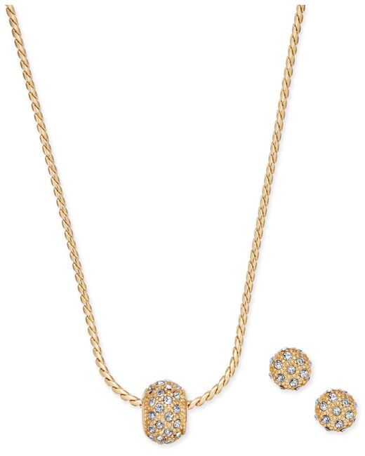 Charter Club Metallic Gold-tone Pavé Ball Pendant Necklace And Stud Earrings Set