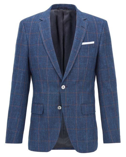 BOSS by Hugo Boss Blue Slim Fit Jacket In A Plain Check Virgin Wool Blend for men
