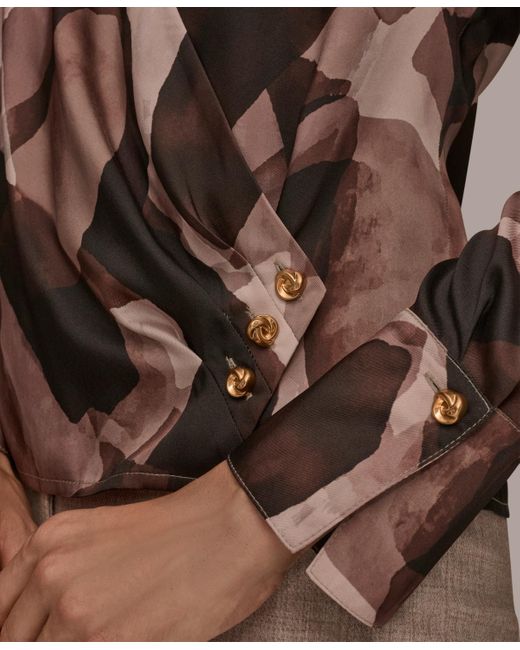 Donna Karan Brown Petite Printed Satin Long Sleeve Wrap Top
