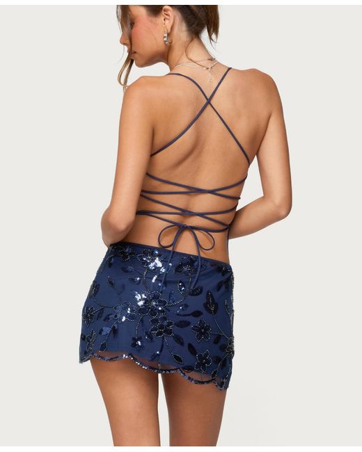 Edikted Women's Blue Beaded & Sequin Backless Mini Dress Edikted Women's Blue Beaded & Sequin Backless Mini Dress