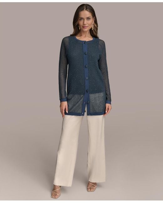 Donna Karan Blue Sequin Embellished Long Cardigan