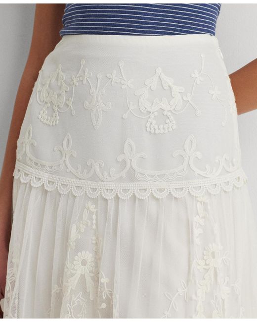 Lauren by Ralph Lauren White Embroidered Mesh Midi Skirt