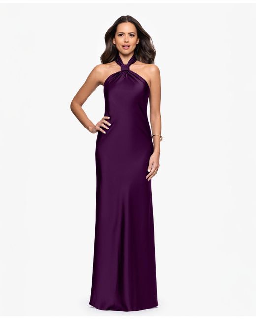 Betsy & Adam Purple Solid-color Knot-front Long Halter Dress