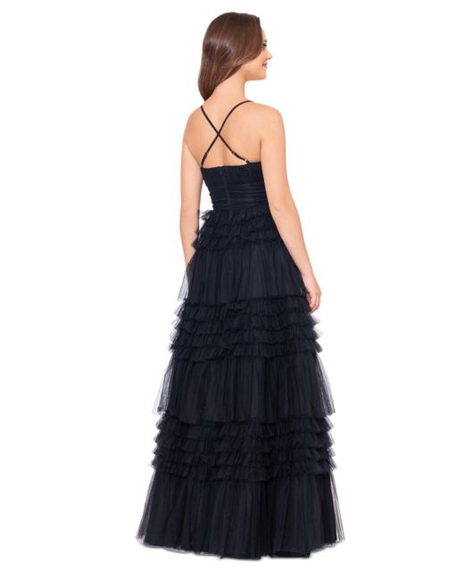 Betsy & Adam Blue V-neck Sleeveless Tiered Ruffle Mesh Gown