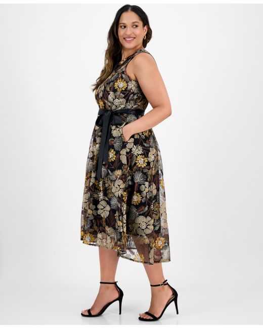 Tahari Multicolor Plus Size Embroidered-mesh Tie-waist Dress