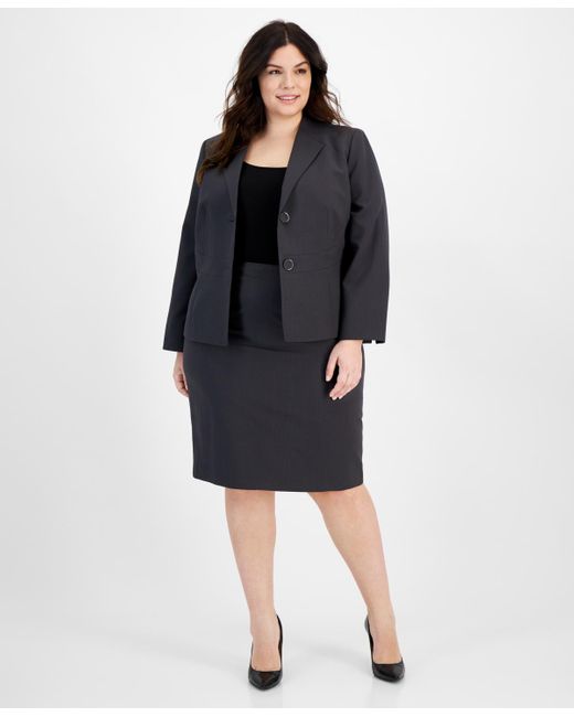 Le Suit Black Plus Size Crepe Collarless Jacket & Slim Pencil Skirt