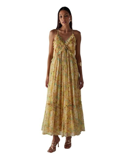 Warehouse Metallic Chiffon Ruffle Strappy Floaty Maxi Dres