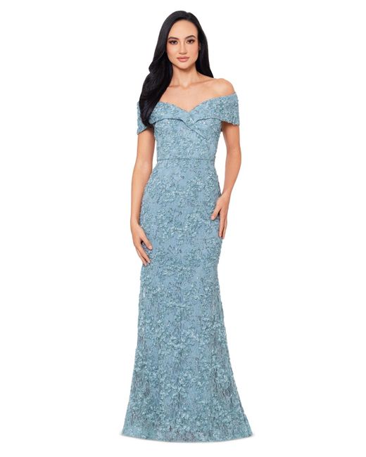 Xscape Blue Off-the-shoulder Lace Gown