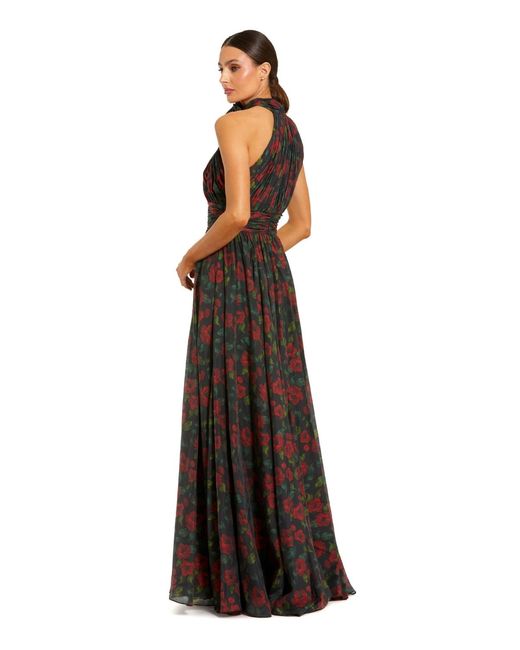 Mac Duggal Brown Floral Chiffon 3d Flower Halter Neck Gown
