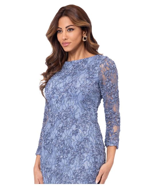 Xscape Blue Soutache Lace Long-sleeve Sheath Dress
