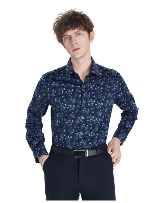 BarIII Blue Tossed Bouquet Print Dress Shirt for men