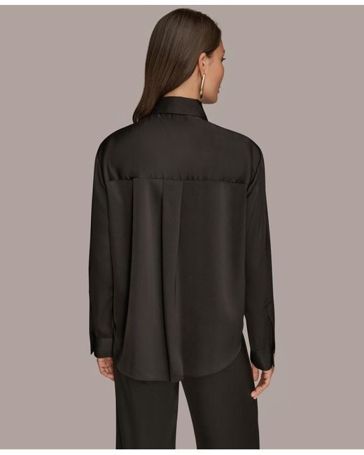 Donna Karan Gray Silk Collared Long Sleeve Button Down Top
