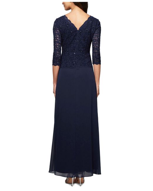Alex Evenings Dress, Elbow-sleeve Sequined Lace Gown in Navy (Blue) - Lyst
