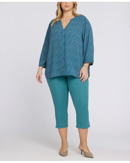 NYDJ Blue Plus Size Pintuck Split Neck Top