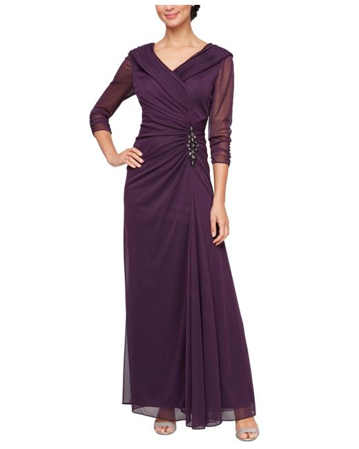 Alex Evenings Purple Petite Portrait Collar 3/4-sleeve Gown