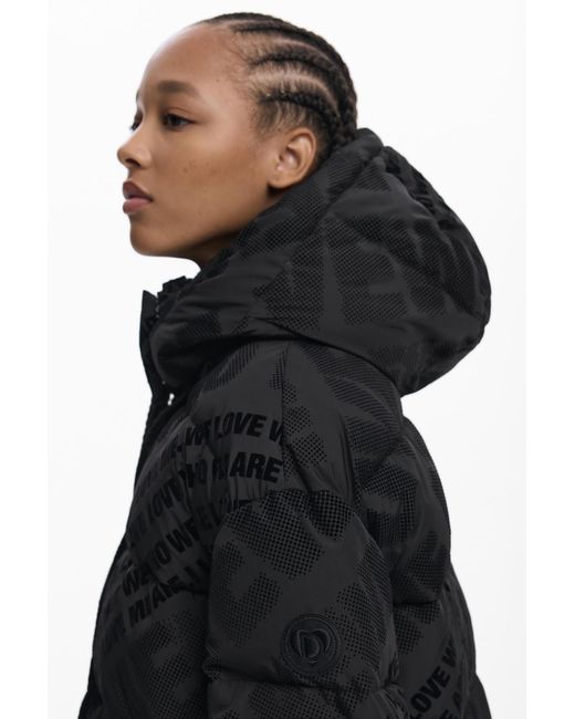 Desigual Black Padded Quilted Coat, Polyester