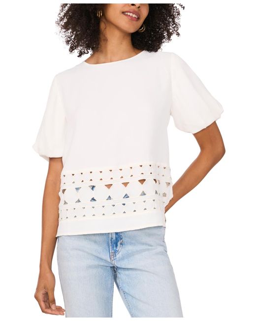 Vince Camuto White Crewneck Puff-sleeve Embroidered Top