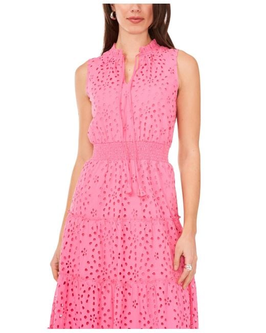 1.STATE Pink Eyelet Embroidered Cotton Sleeveless Split Neck Maxi Dress