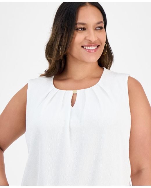 Kasper White Plus Size Pleated-neck Textured Top